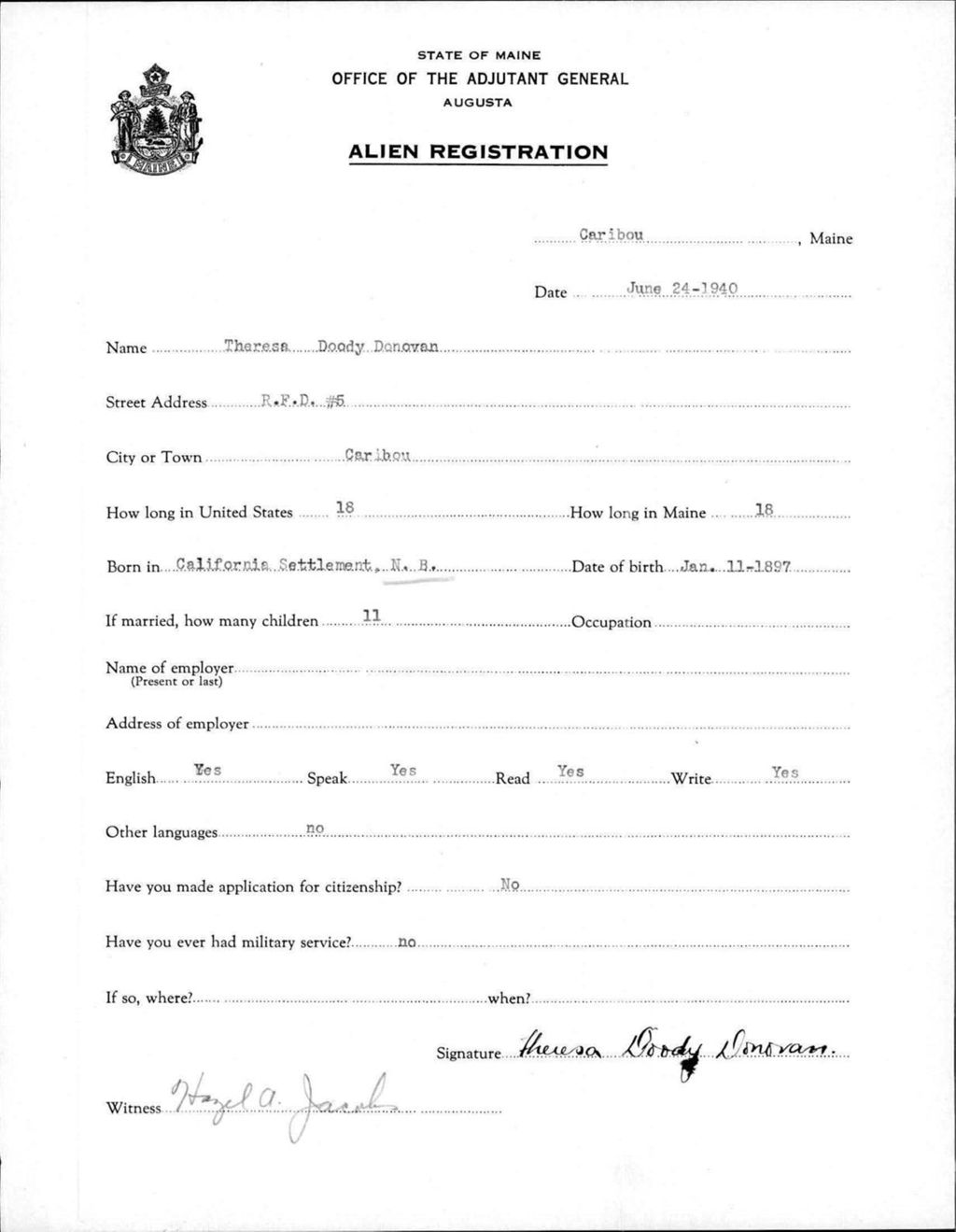 Miniature of Alien Registration- Doody, Theresa (Caribou, Aroostook County)