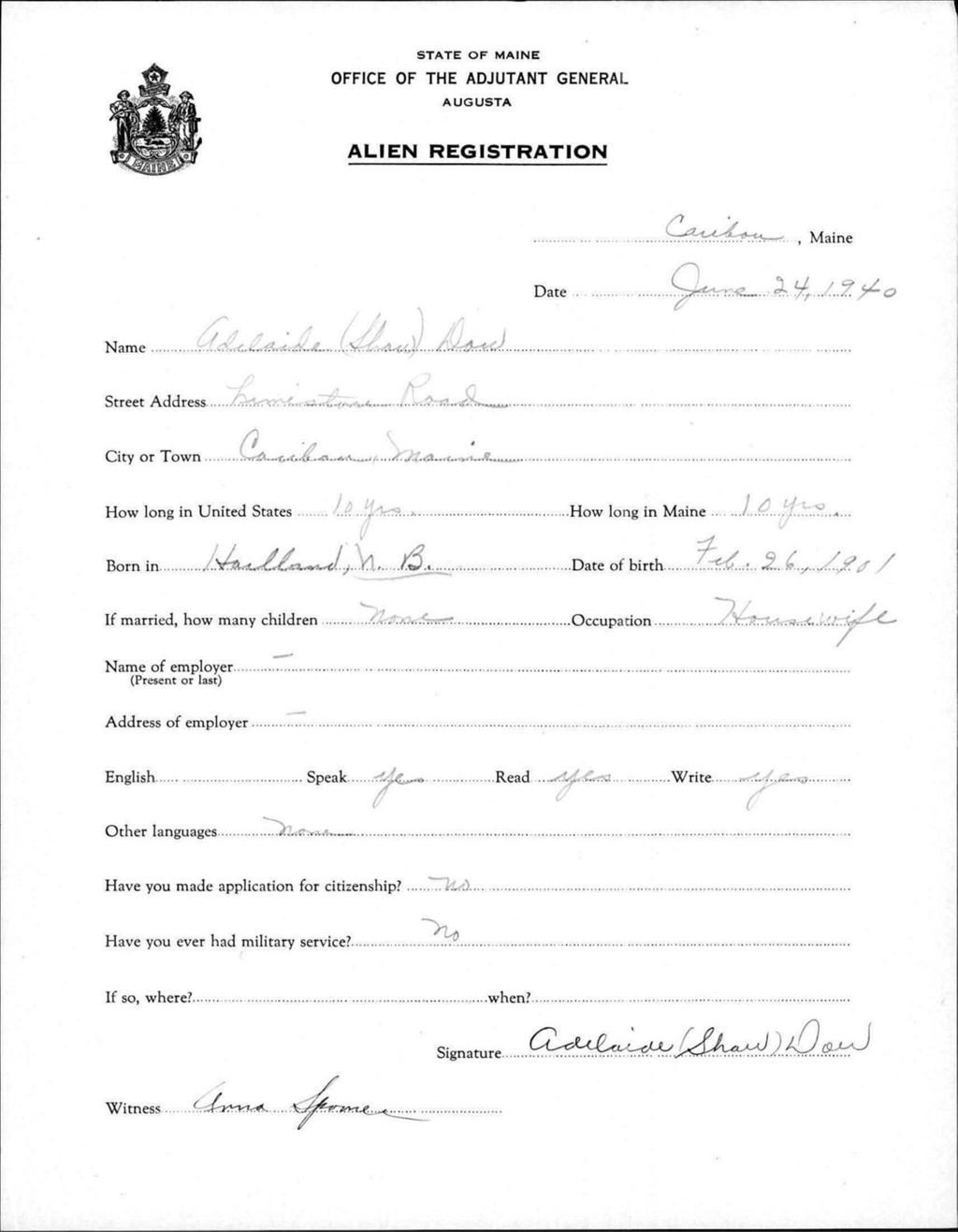 Miniature of Alien Registration- Shaw, Adelaide (Caribou, Aroostook County)