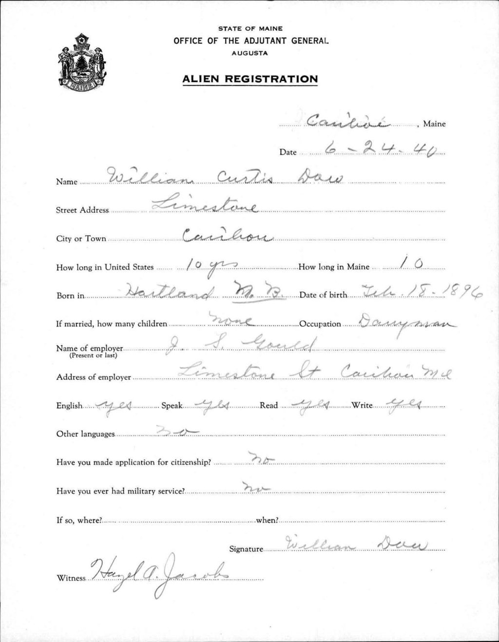 Miniature of Alien Registration- Dow, William C. (Caribou, Aroostook County)