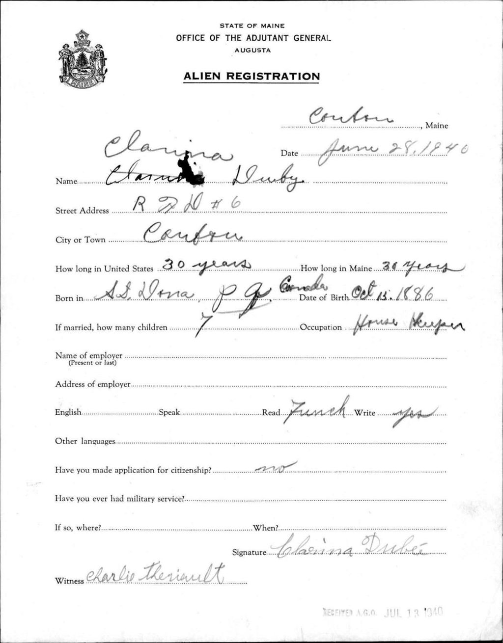 Miniature of Alien Registration- Duby, Clarina (Caribou, Aroostook County)