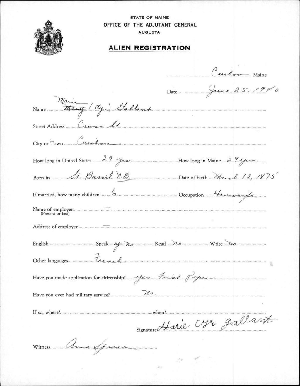 Miniature of Alien Registration- Cyr, Marie (Caribou, Aroostook County)