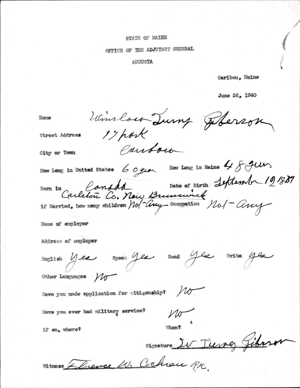Miniature of Alien Registration- Giberson, Winslow T. (Caribou, Aroostook County)