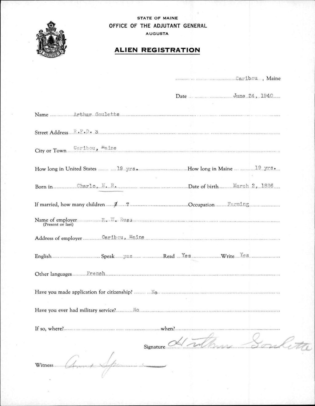 Miniature of Alien Registration- Goulette, Arthur (Caribou, Aroostook County)