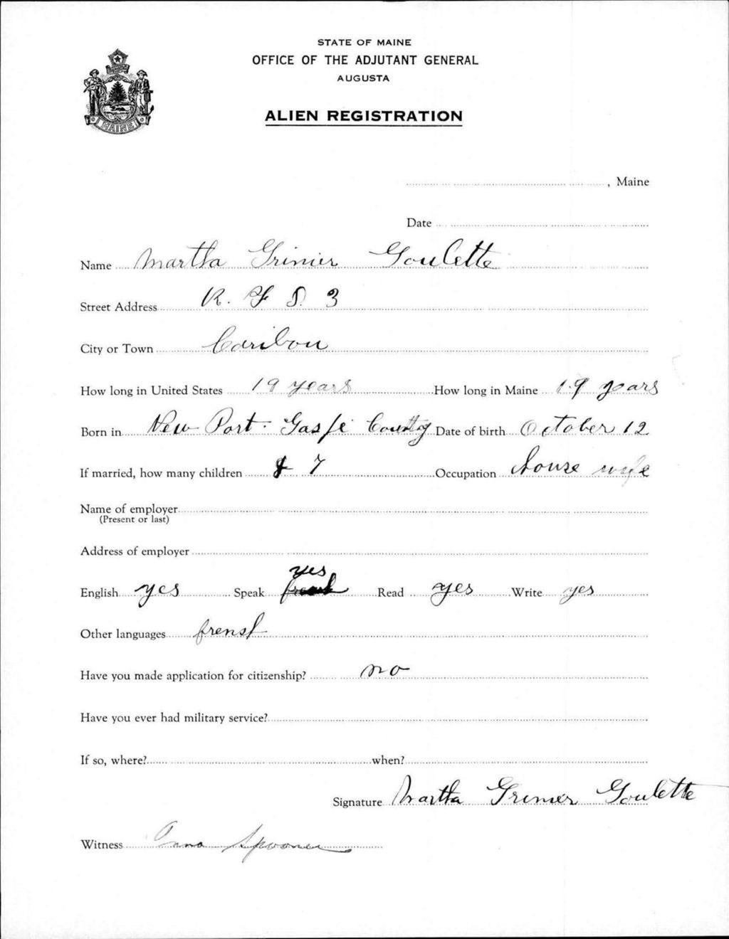 Miniature of Alien Registration- Grenier, Martha (Caribou, Aroostook County)