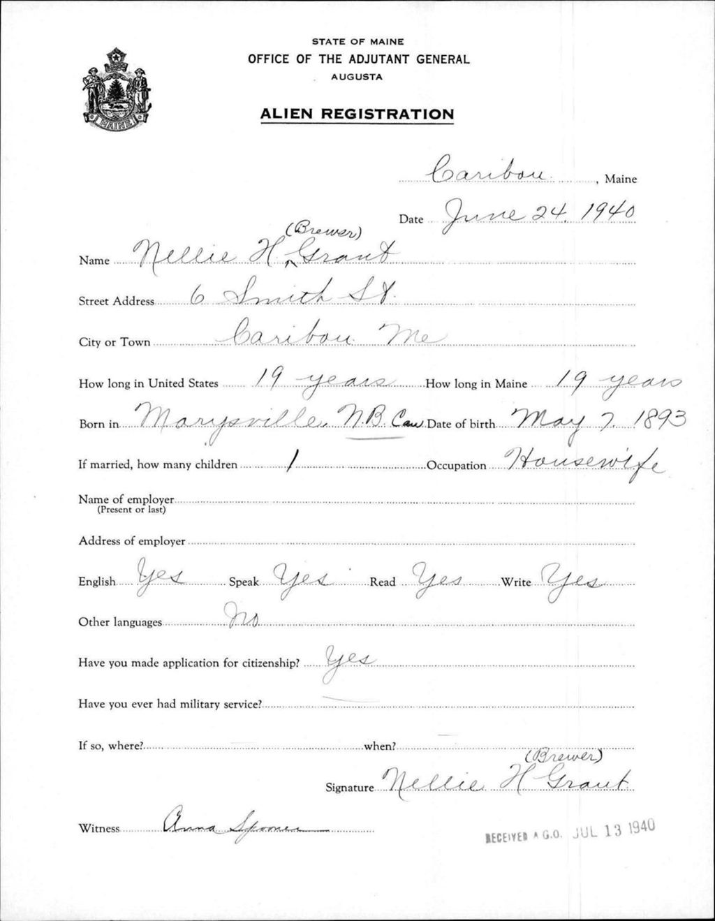 Miniature of Alien Registration- Brewer, Nellie H. (Caribou, Aroostook County)