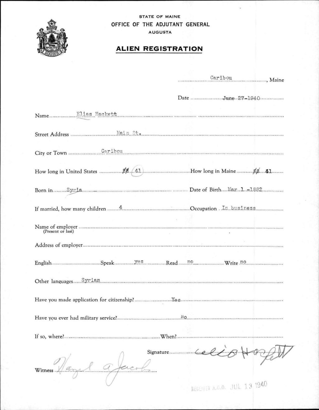 Miniature of Alien Registration- Hackett, Elias (Caribou, Aroostook County)