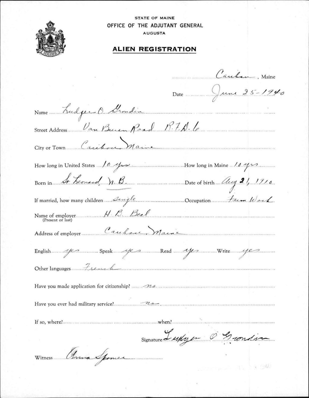 Miniature of Alien Registration- Grondin, Ludger O. (Caribou, Aroostook County)