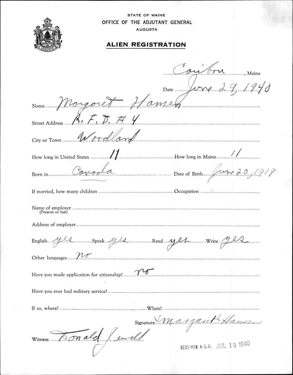 Miniature of Alien Registration- Hansen, Margoret (Caribou, Aroostook County)