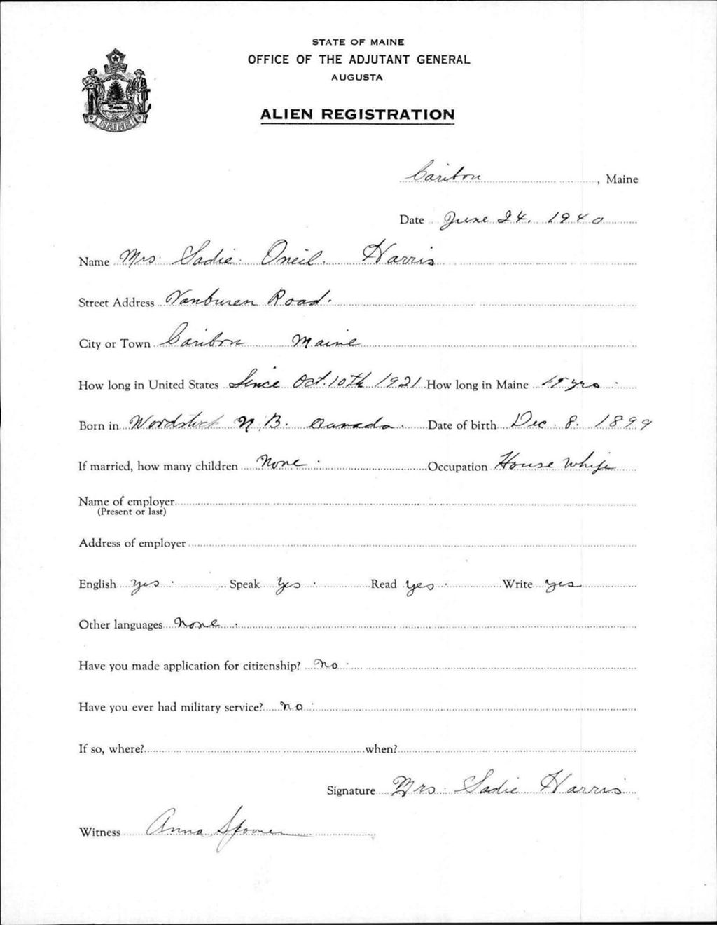 Miniature of Alien Registration- Oneil, Sadie (Caribou, Aroostook County)