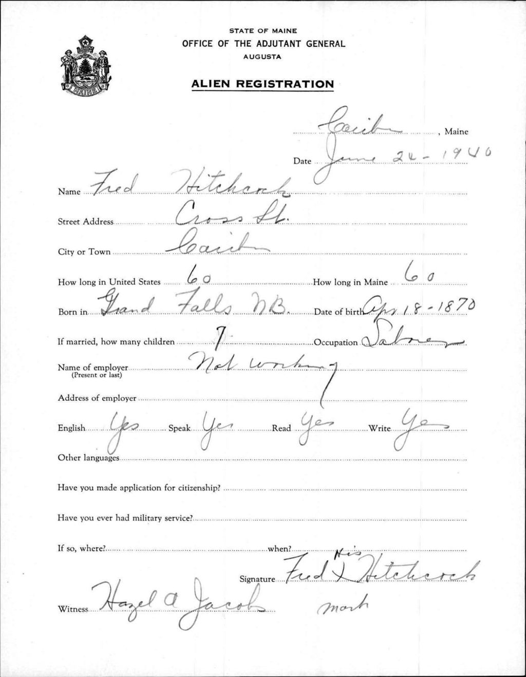 Miniature of Alien Registration- Hitchcock, Fred (Caribou, Aroostook County)