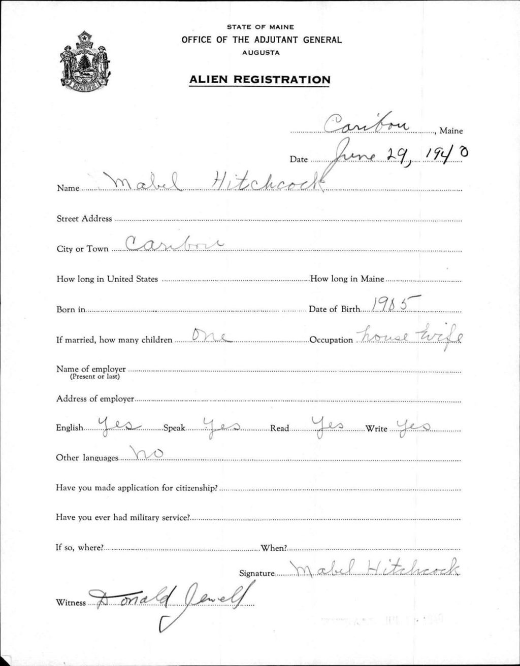 Miniature of Alien Registration- Hitchcock, Mabel (Caribou, Aroostook County)