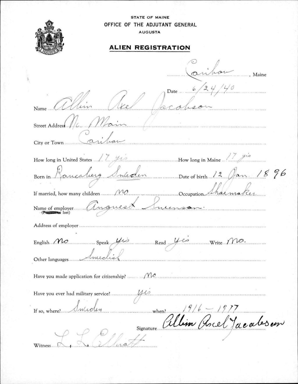 Miniature of Alien Registration- Jacobson, Allvin A. (Caribou, Aroostook County)