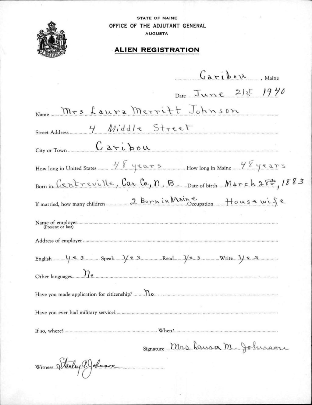Miniature of Alien Registration- Merritt, Laura (Caribou, Aroostook County)
