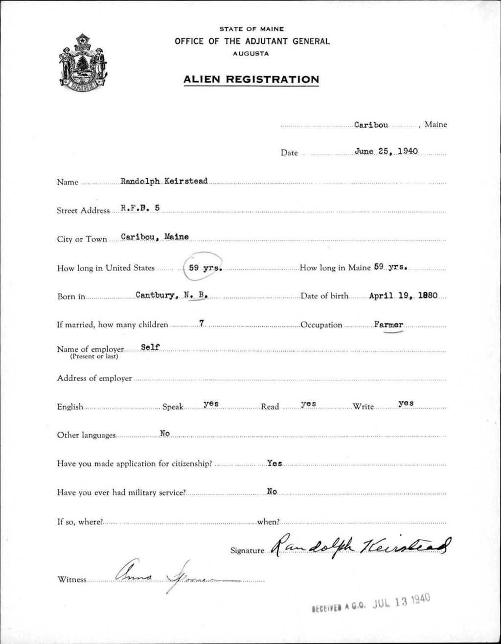 Miniature of Alien Registration- Keirstead, Randolph (Caribou, Aroostook County)