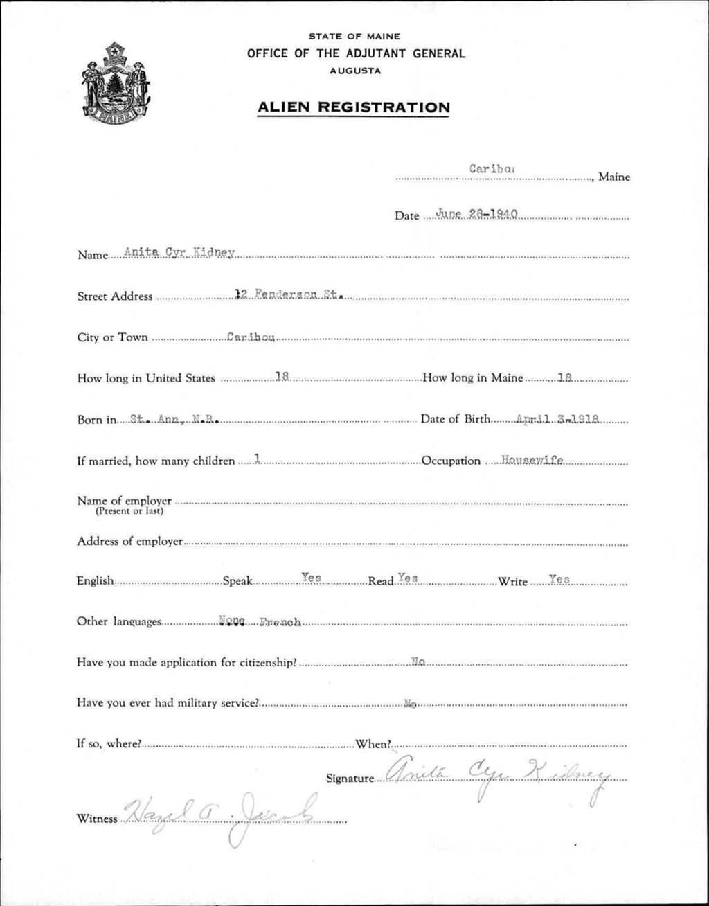 Miniature of Alien Registration- Cyr, Anita (Caribou, Aroostook County)