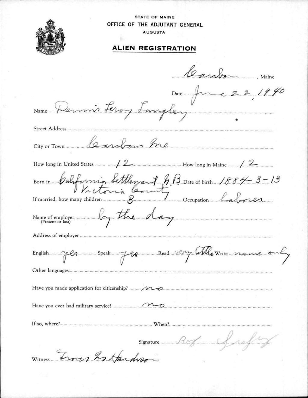 Miniature of Alien Registration- Langley, Dennis L. (Caribou, Aroostook County)