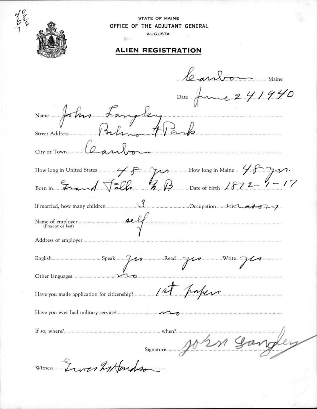 Miniature of Alien Registration- Langley, John (Caribou, Aroostook County)
