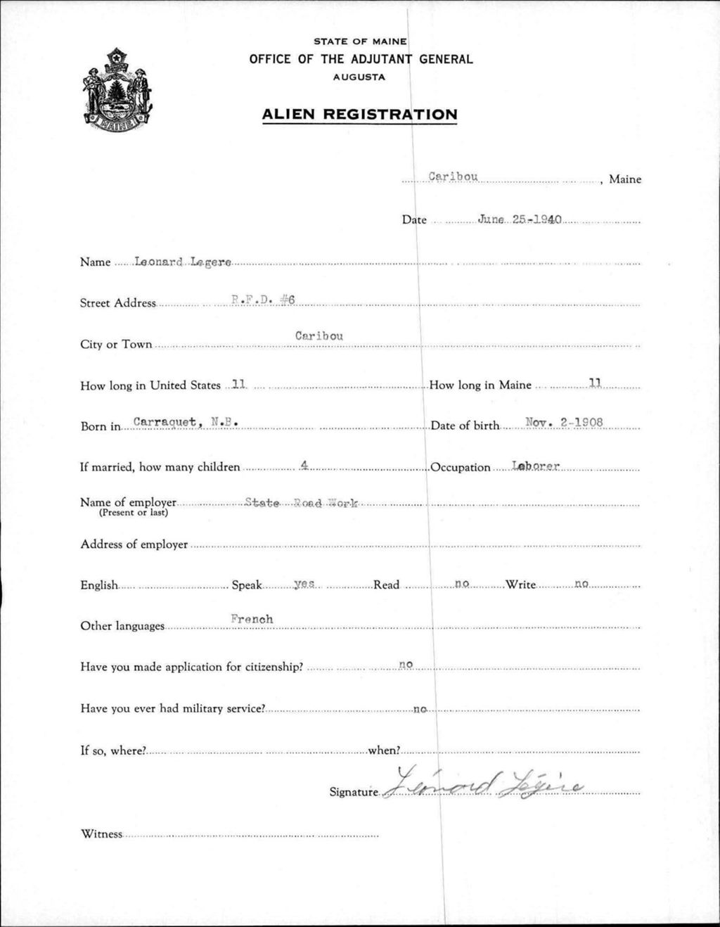 Miniature of Alien Registration- Legere, Leonard (Caribou, Aroostook County)
