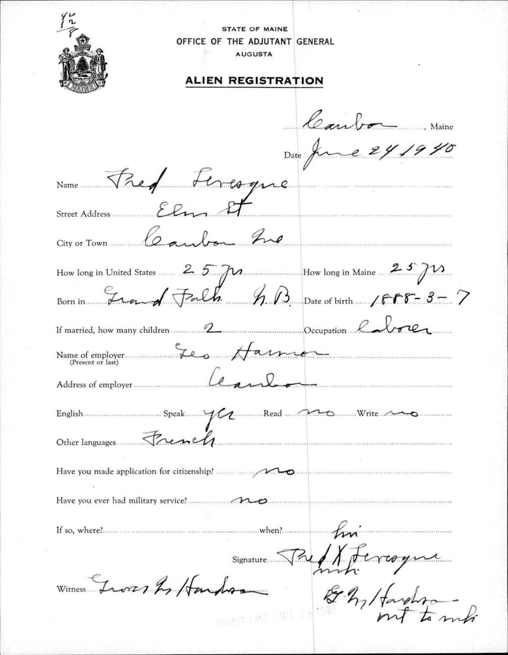 Miniature of Alien Registration- Levesque, Fred (Caribou, Aroostook County)