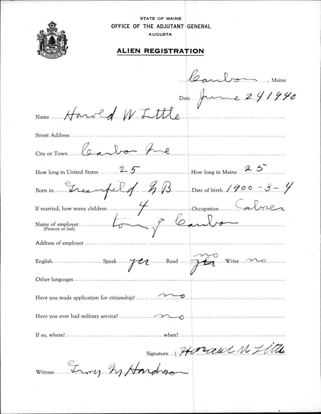 Miniature of Alien Registration- Little, Harold W. (Caribou, Aroostook County)
