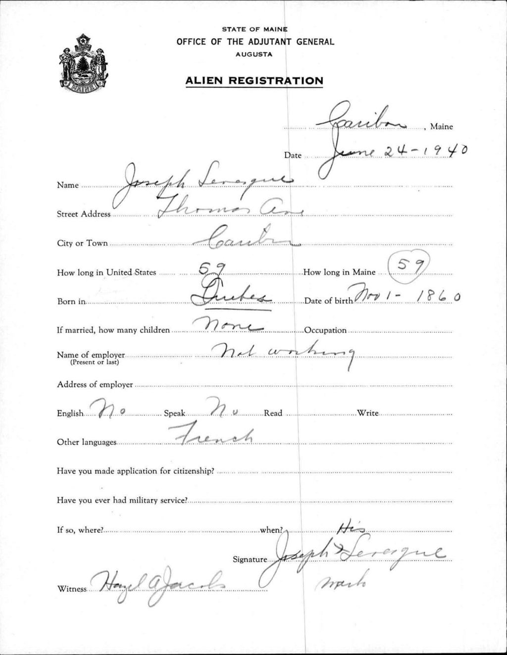 Miniature of Alien Registration- Levesque, Joseph (Caribou, Aroostook County)