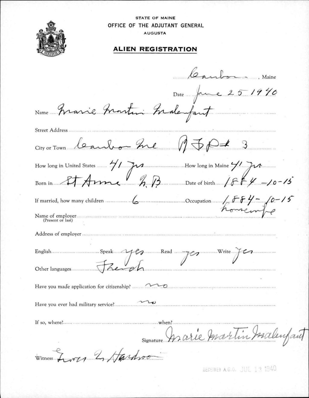 Miniature of Alien Registration- Martin, Marie (Caribou, Aroostook County)