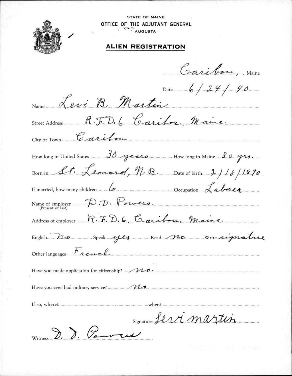 Miniature of Alien Registration- Martin, Levi B. (Caribou, Aroostook County)