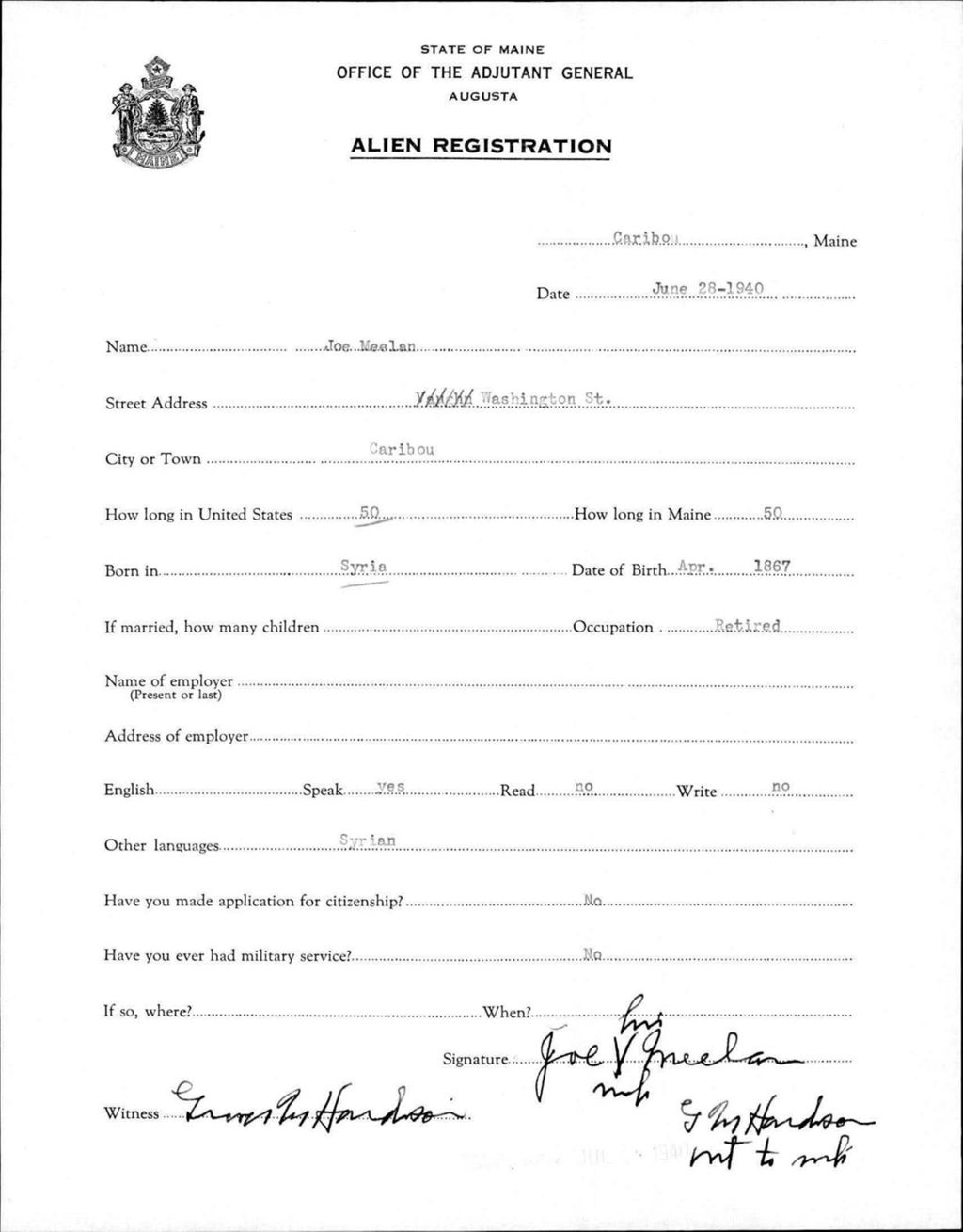 Miniature of Alien Registration- Meelan, Joe (Caribou, Aroostook County)