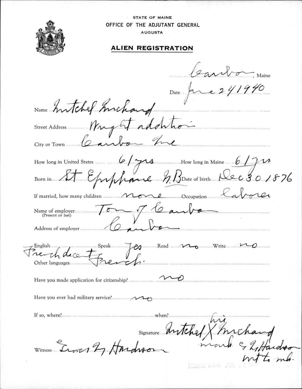 Miniature of Alien Registration- Michaud, Mitchel (Caribou, Aroostook County)