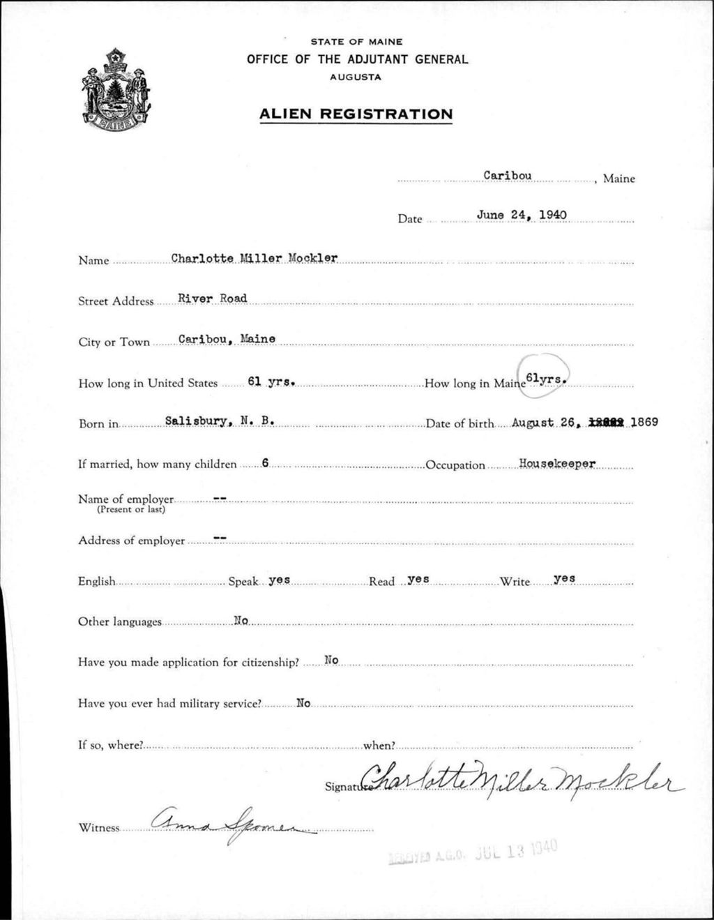 Miniature of Alien Registration- Miller, Charlotte (Caribou, Aroostook County)