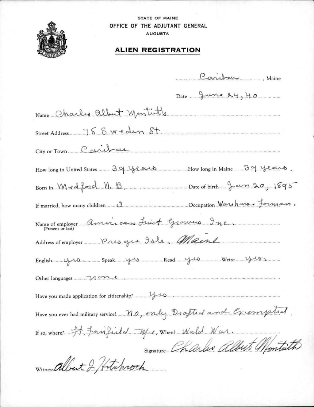 Miniature of Alien Registration- Monteith, Charles A. (Caribou, Aroostook County)