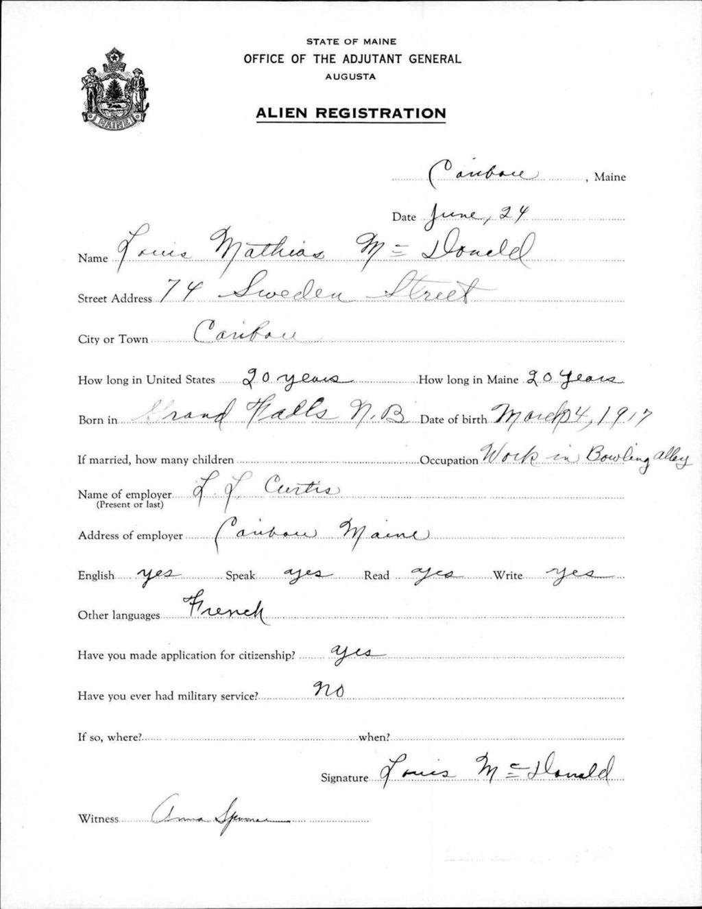 Miniature of Alien Registration- Mcdonald, Louis M. (Caribou, Aroostook County)