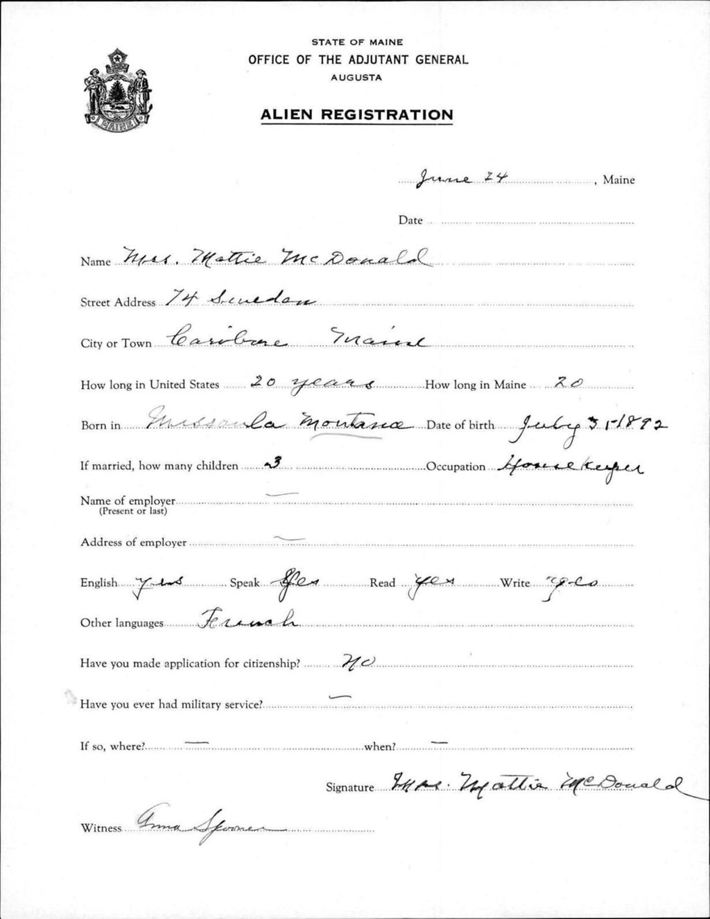 Miniature of Alien Registration- Mcdonald, Mattie (Caribou, Aroostook County)