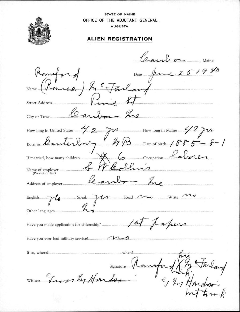 Miniature of Alien Registration- Mcfarland, Ramsford (Rance) (Caribou, Aroostook County)