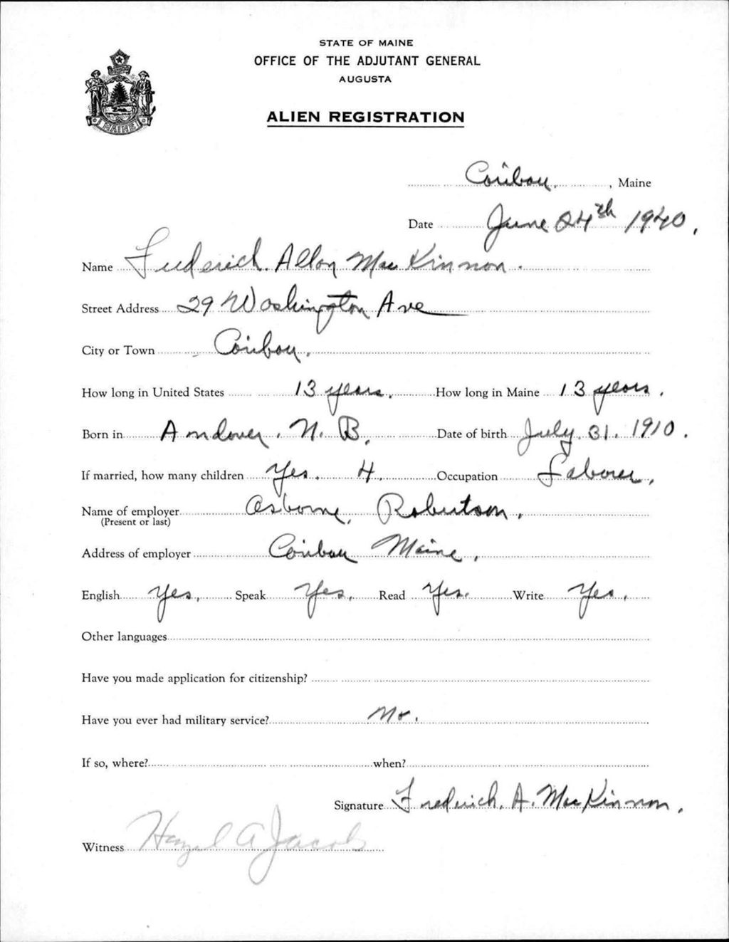 Miniature of Alien Registration- Mackinnon, Frederick A. (Caribou, Aroostook County)
