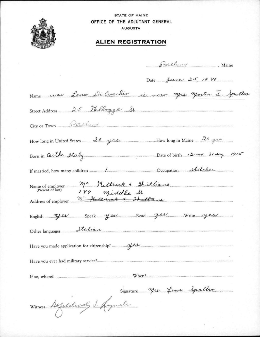 Miniature of Alien Registration- Di Crecchio, Lena (Portland, Cumberland County)