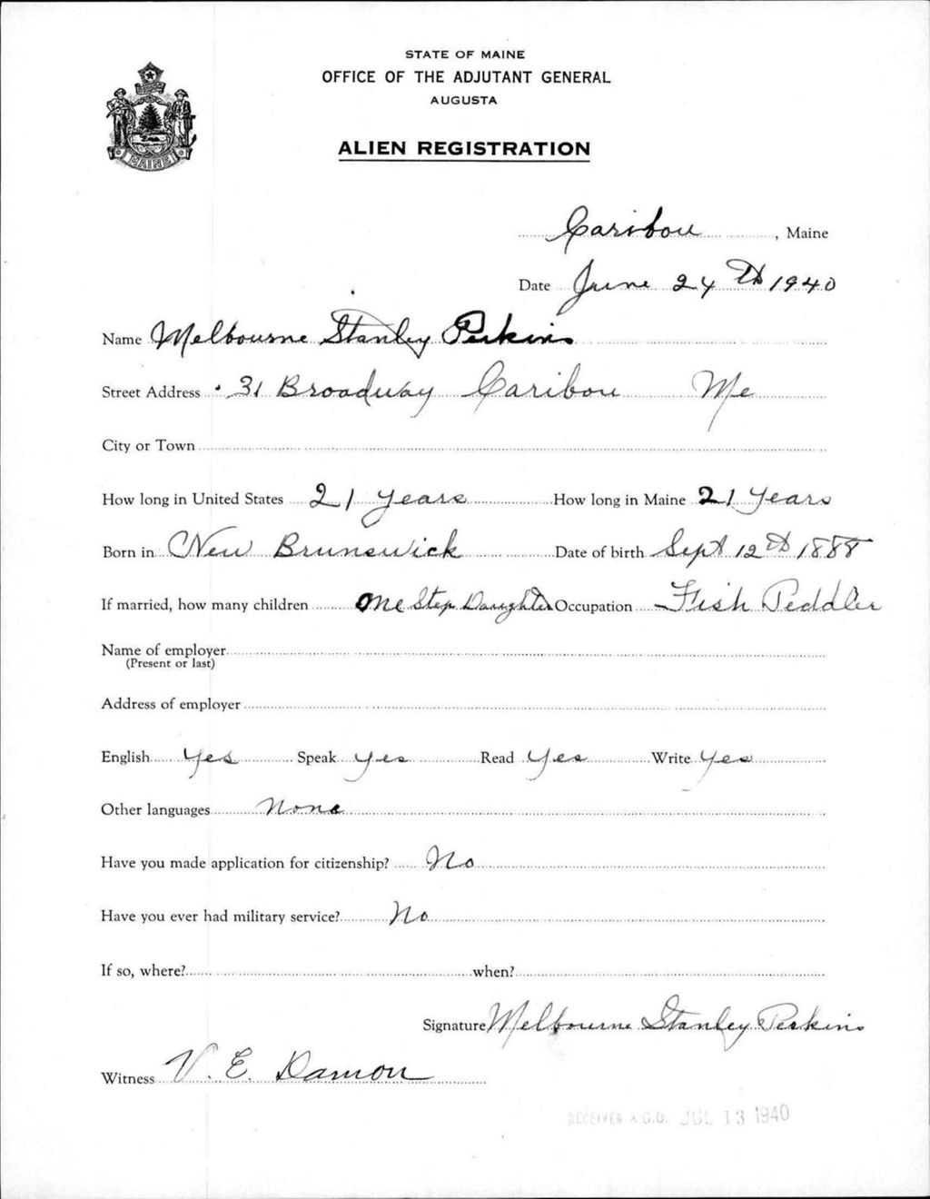 Miniature of Alien Registration- Perkins, Melbourne S. (Caribou, Aroostook County)