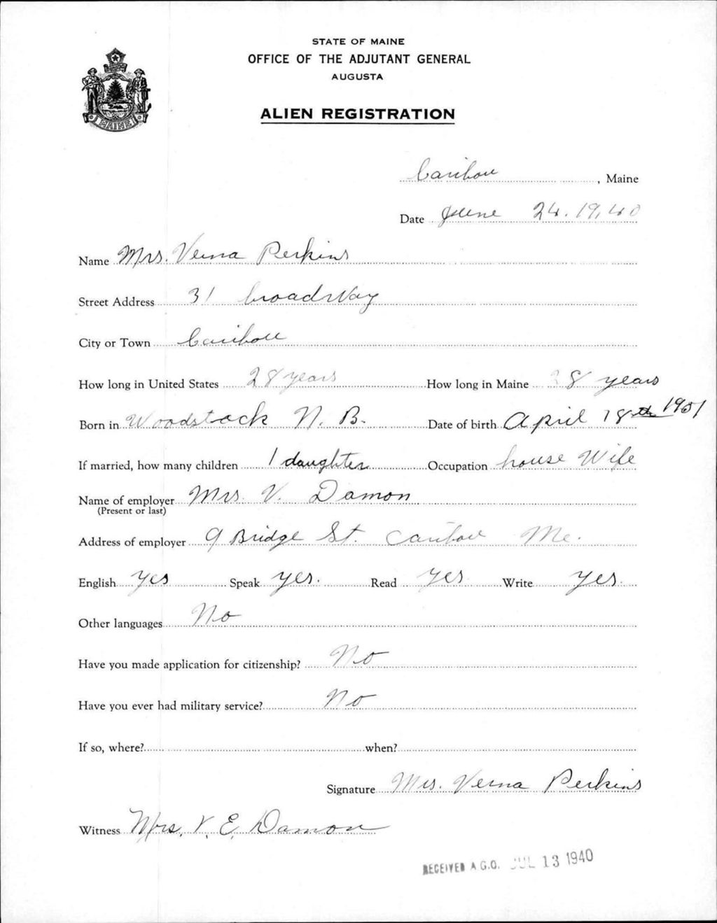 Miniature of Alien Registration- Perkins, Verna (Caribou, Aroostook County)