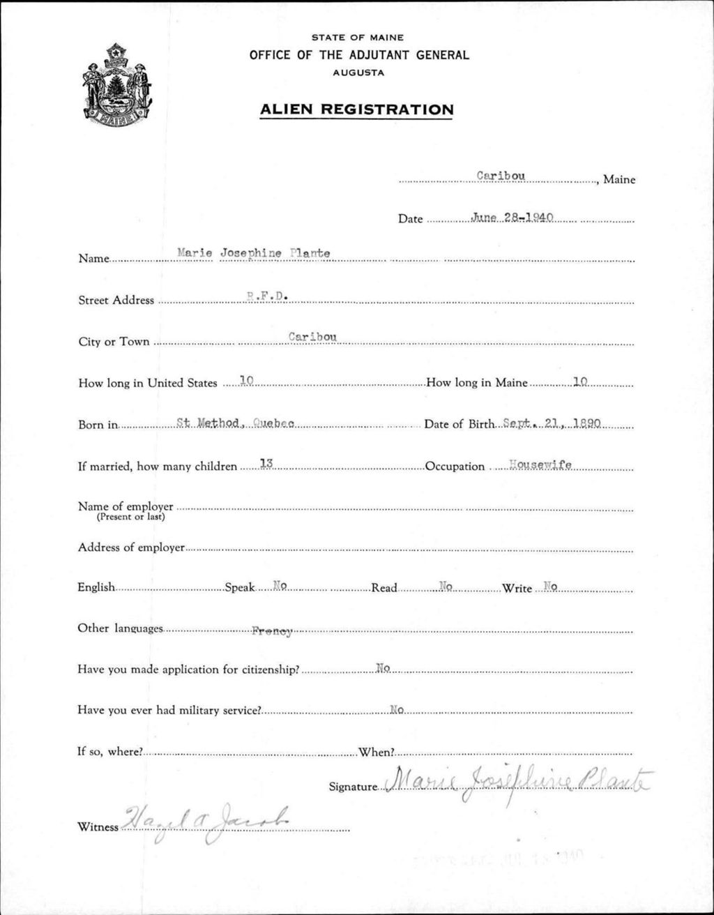 Miniature of Alien Registration- Plante, Marie J. (Caribou, Aroostook County)