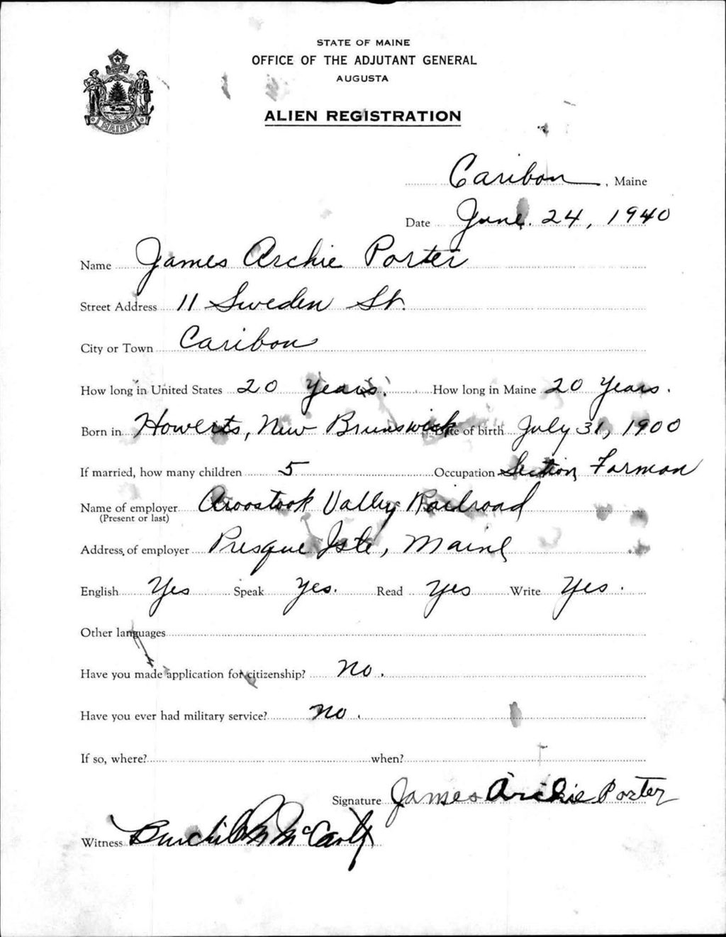 Miniature of Alien Registration- Porter, James A. (Caribou, Aroostook County)