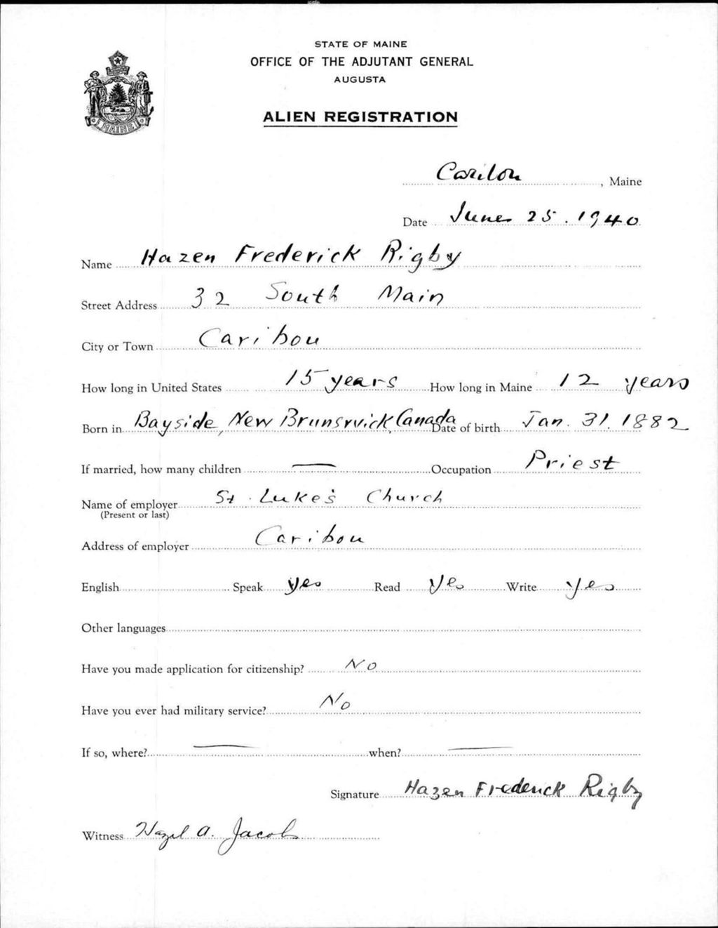 Miniature of Alien Registration- Rigby, Hazen F. (Caribou, Aroostook County)