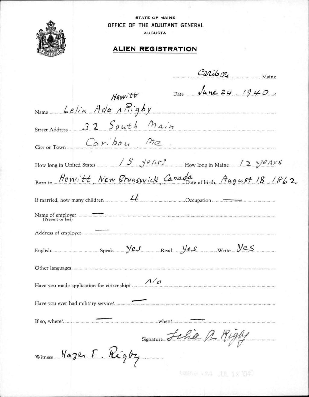 Miniature of Alien Registration- Hewitt, Lelia A. (Caribou, Aroostook County)