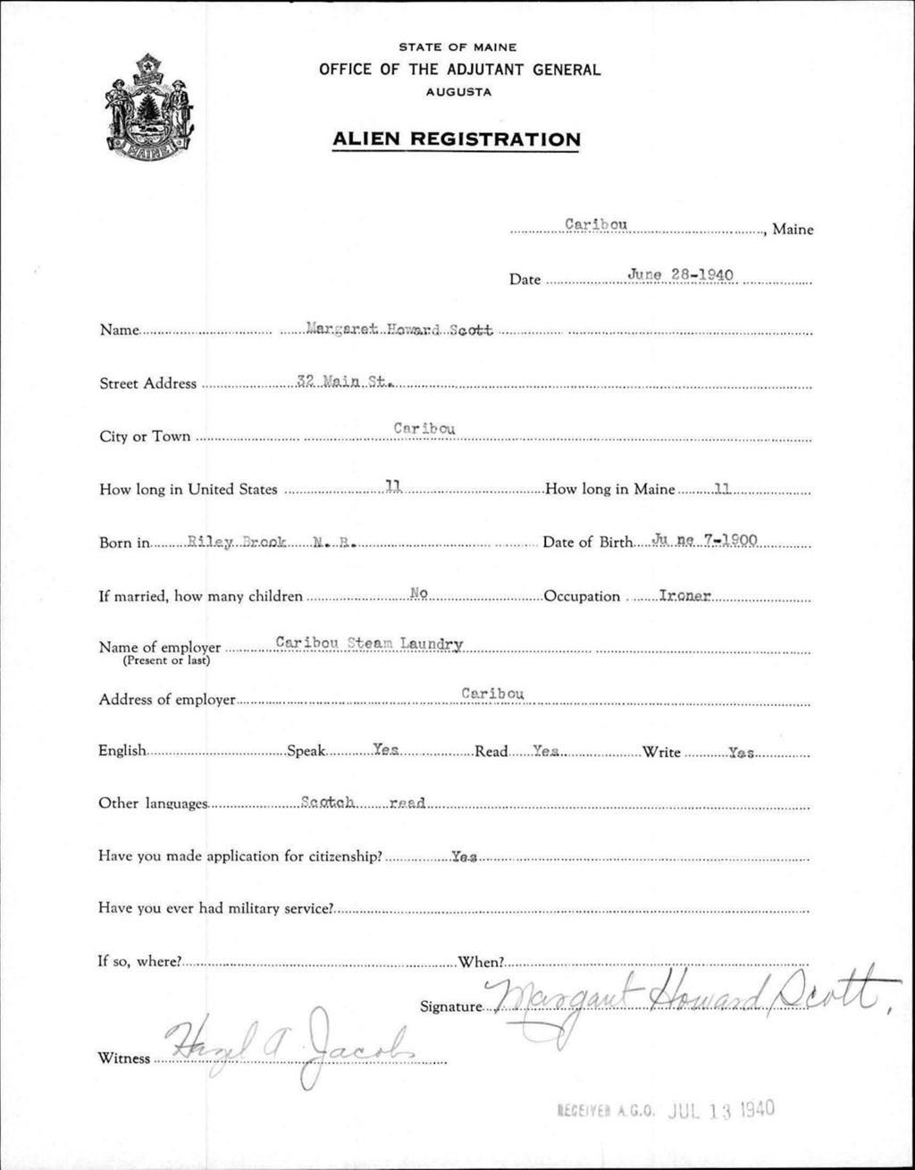 Miniature of Alien Registration- Howard, Margaret (Caribou, Aroostook County)