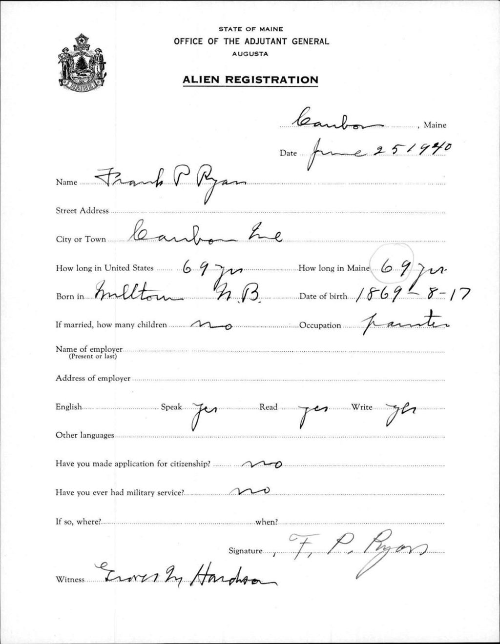 Miniature of Alien Registration- Ryan, Frank P. (Caribou, Aroostook County)