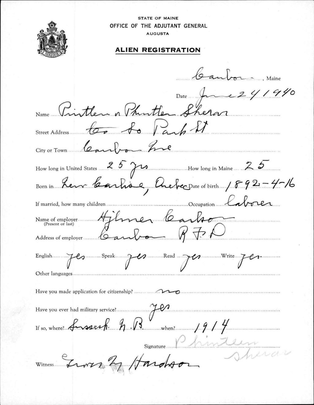 Miniature of Alien Registration- Sherar, Phintlen (Printlen) (Caribou, Aroostook County)
