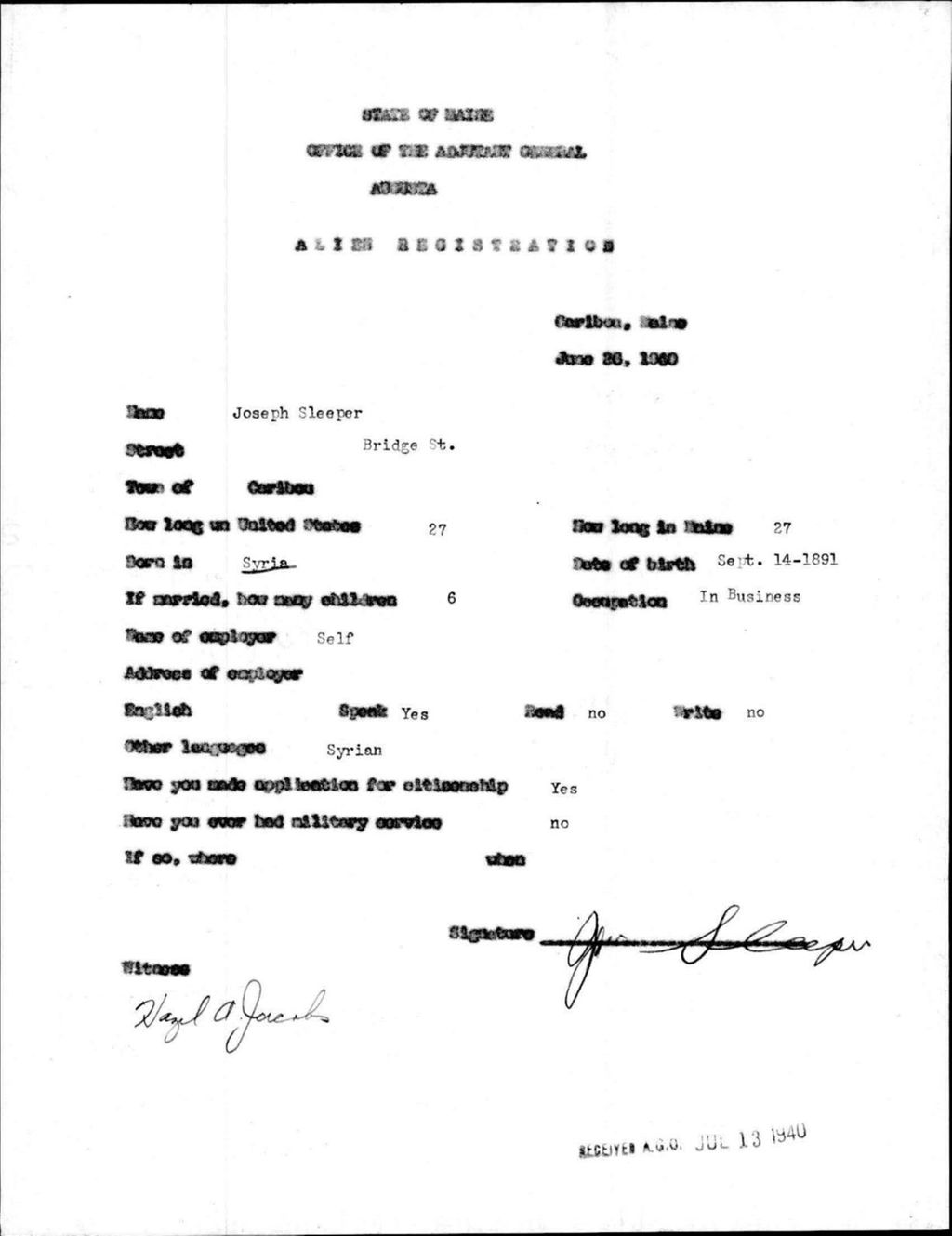Miniature of Alien Registration- Sleeper, Joseph (Caribou, Aroostook County)
