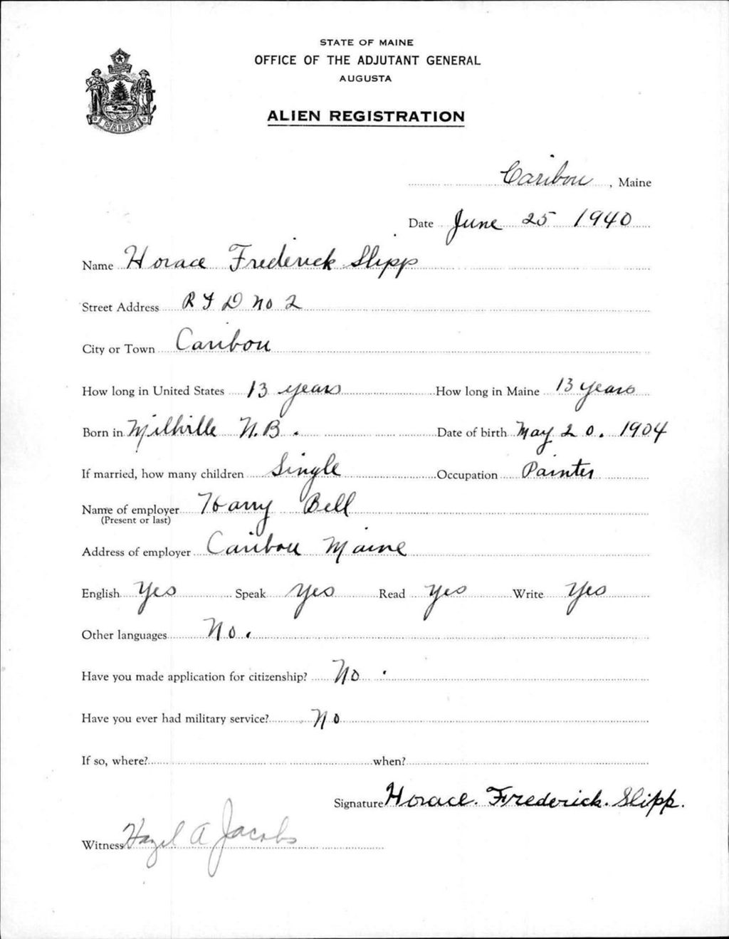 Miniature of Alien Registration- Slipp, Horace F. (Caribou, Aroostook County)