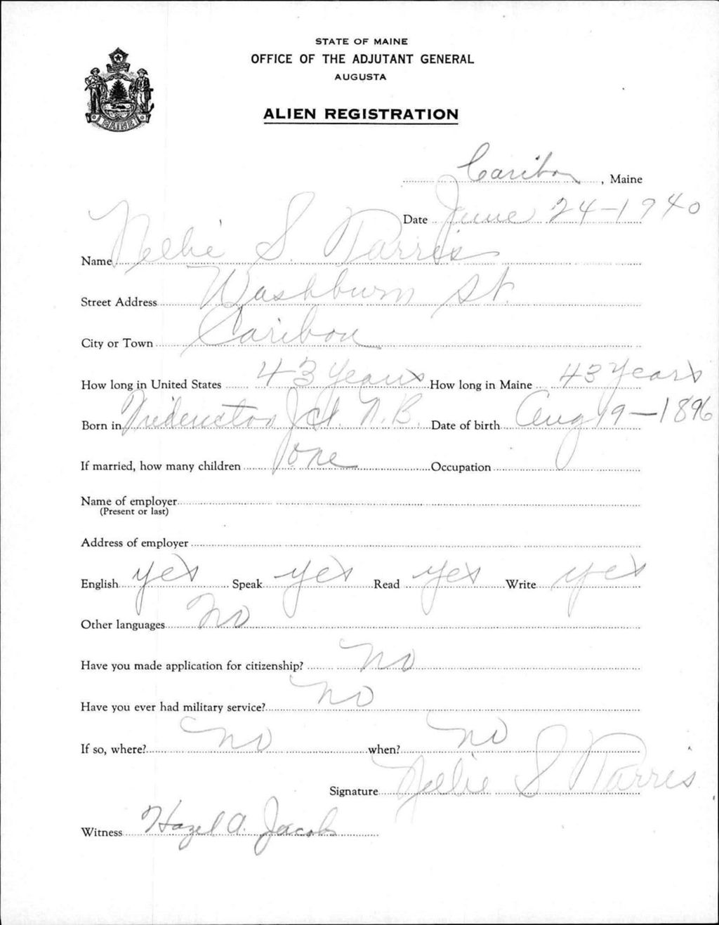 Miniature of Alien Registration- Tarris, Nellie S. (Caribou, Aroostook County)