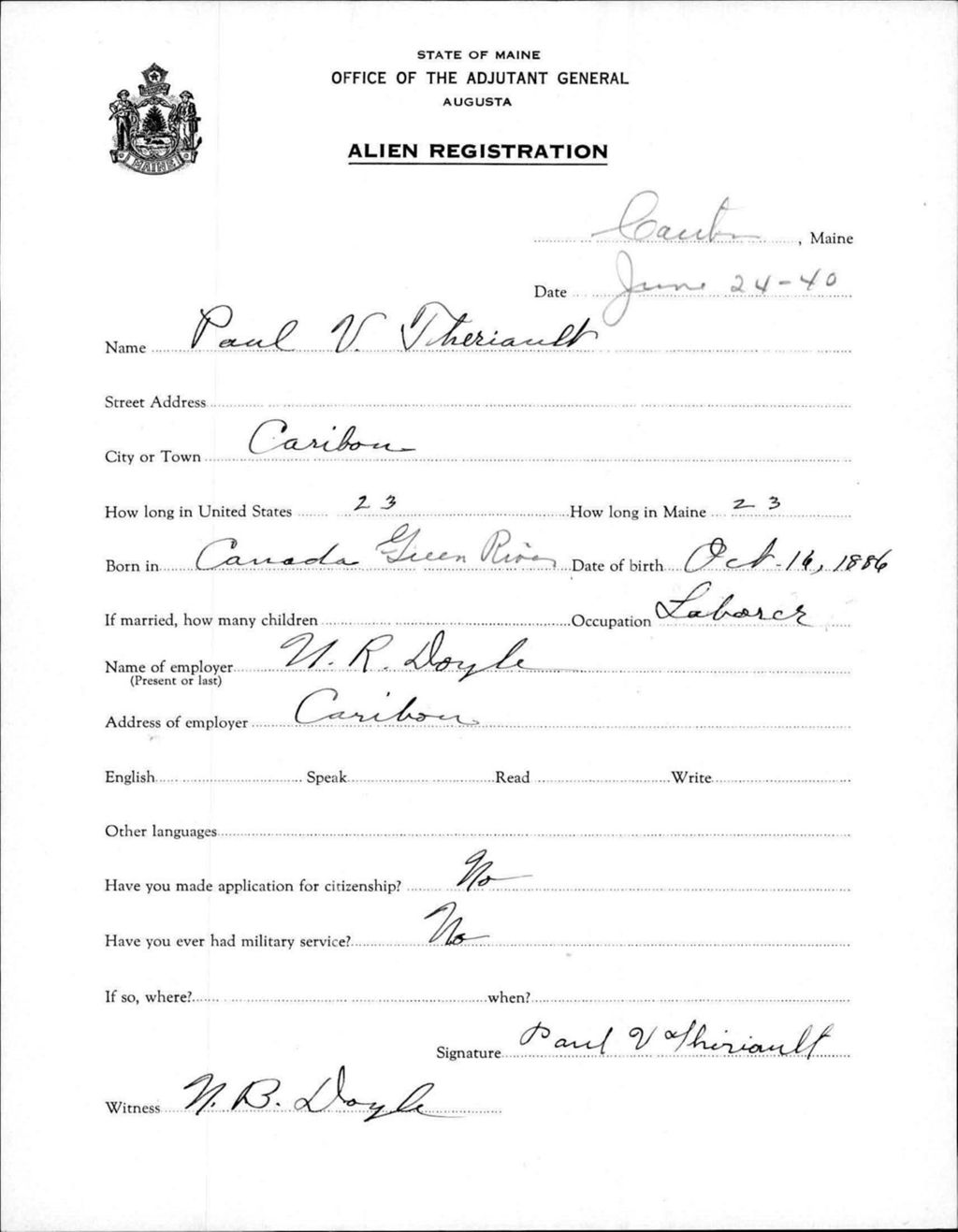 Miniature of Alien Registration- Theriault, Paul V. (Caribou, Aroostook County)