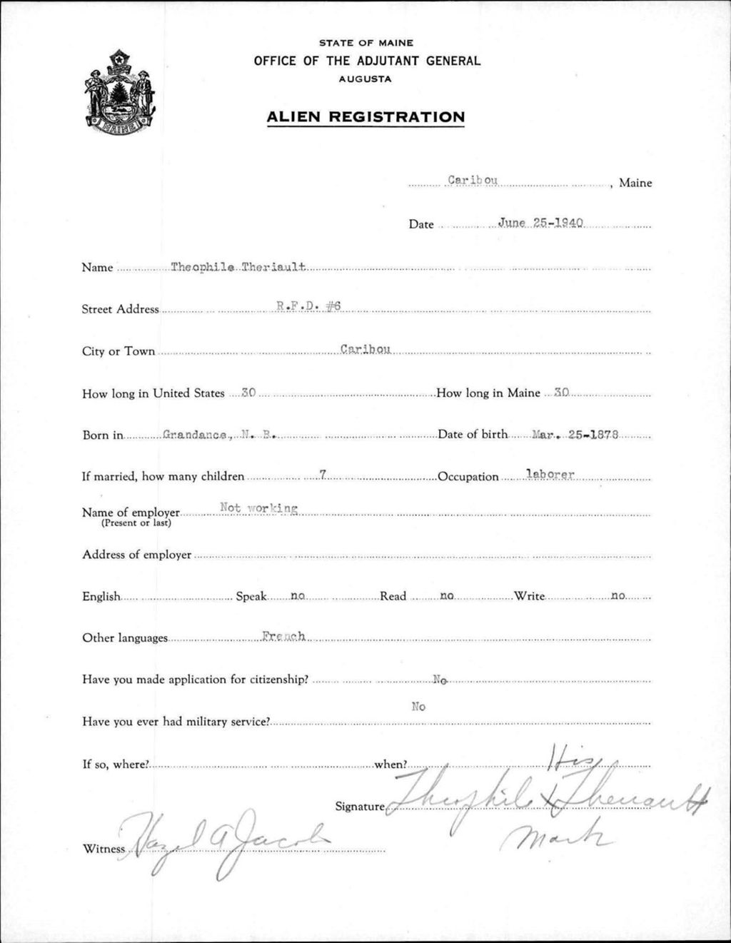Miniature of Alien Registration- Theriault, Theophile (Caribou, Aroostook County)